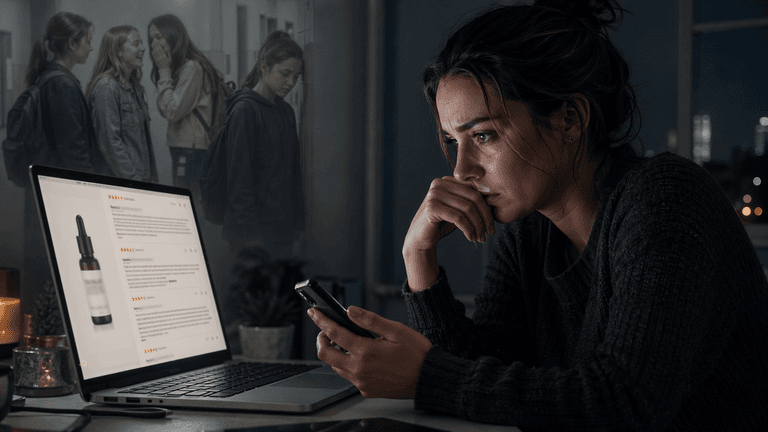 Woman staring at product reviews with painful bullying memories behind her.