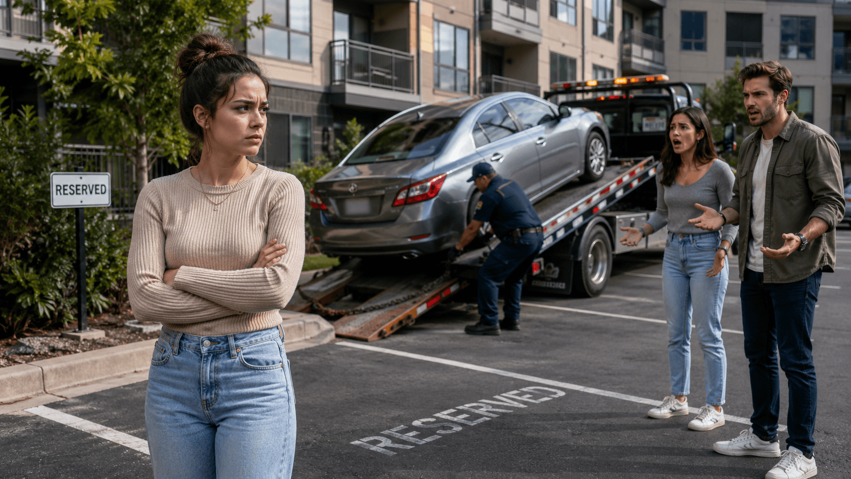 Car towed from reserved parking spot.