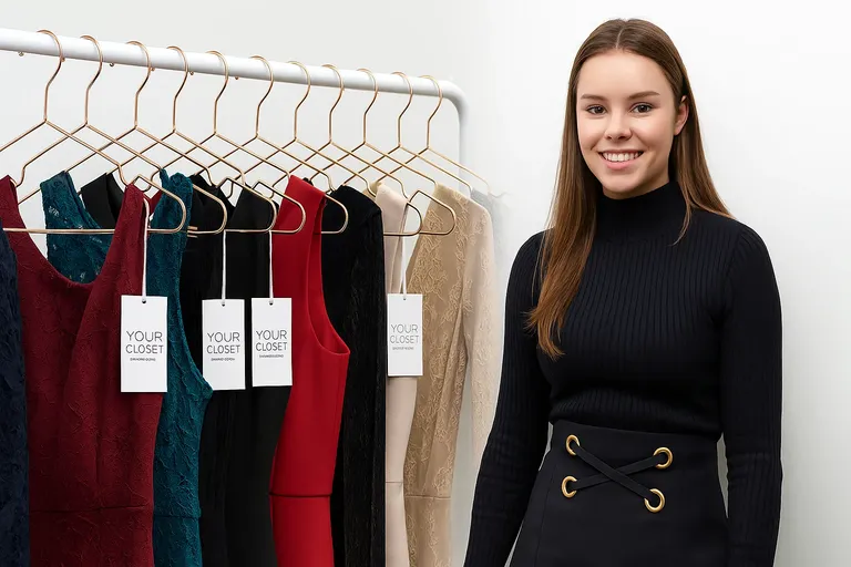 Founder of Your Closet standing beside a designer dress rack featured on Shark Tank Australia