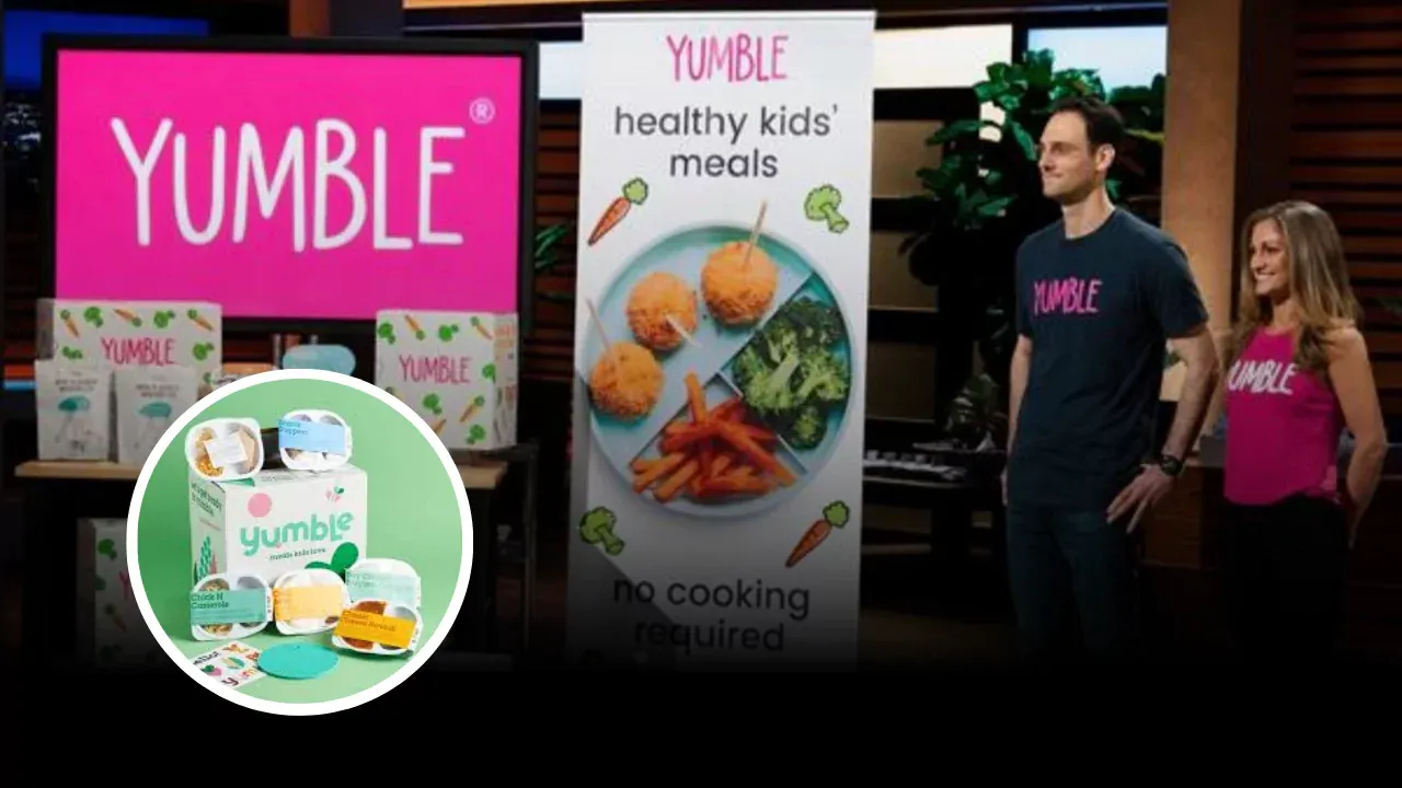Yumble founders with product display and healthy kids' meals on Shark Tank