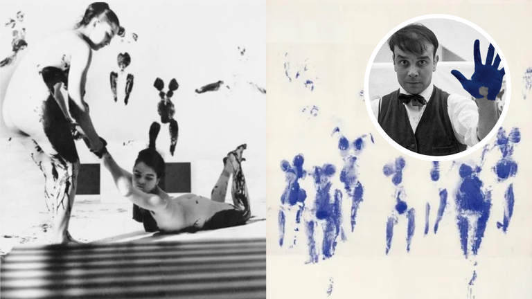 Yves Klein showing his blue-painted hand, symbolizing his famous Anthropometries performance using nude bodies as paintbrushes.