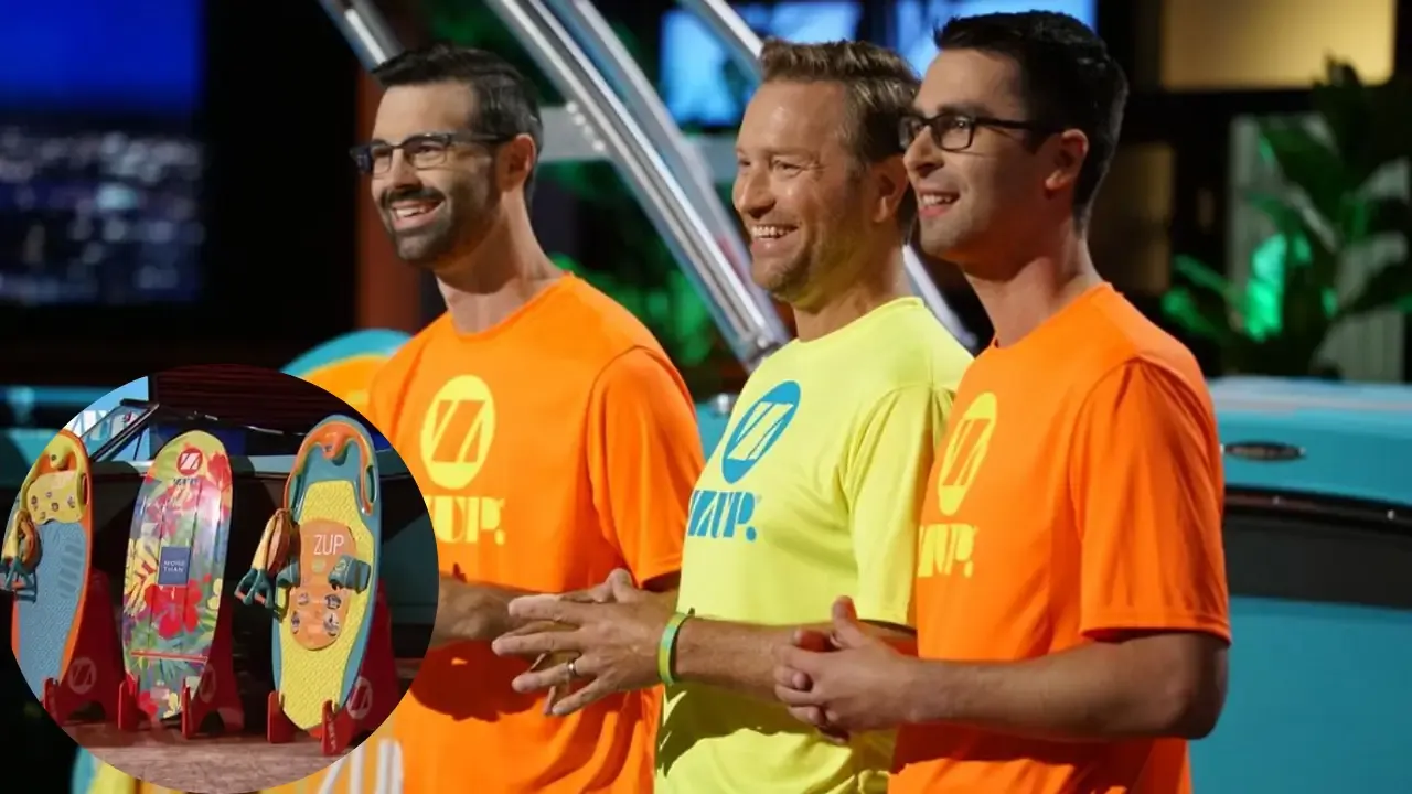 “ZUP Boards founders presenting their all-in-one wakeboards on Shark Tank with colorful boards on display”