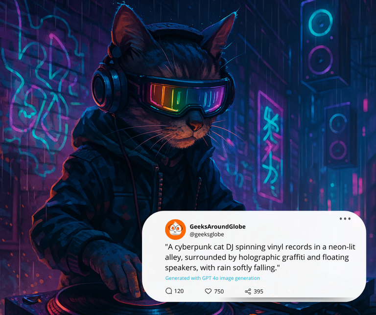 A cyberpunk cat DJ spinning vinyl records in a neon-lit alley, surrounded by holographic graffiti and floating speakers, with rain softly falling.