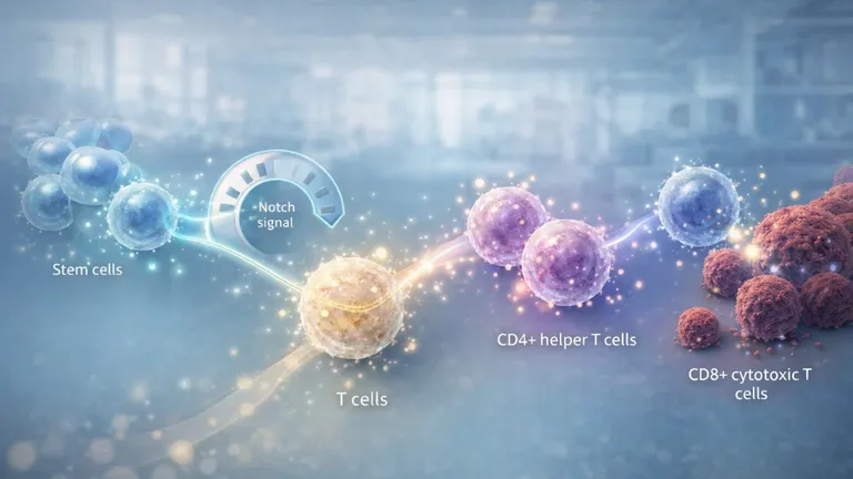 Digital illustration of stem cells differentiating into CD4 helper T cells and CD8 cytotoxic T cells through precisely timed Notch signaling in a laboratory setting.