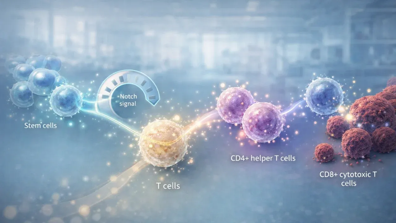 Digital illustration of stem cells differentiating into CD4 helper T cells and CD8 cytotoxic T cells through precisely timed Notch signaling in a laboratory setting.