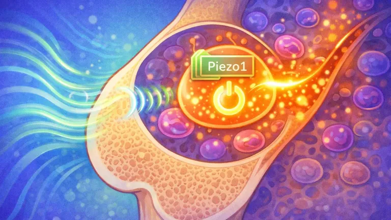 Cartoon digital illustration of a bone cross-section with glowing stem cells and a highlighted Piezo1 sensor lighting up in response to motion waves, symbolizing how movement triggers bone growth.