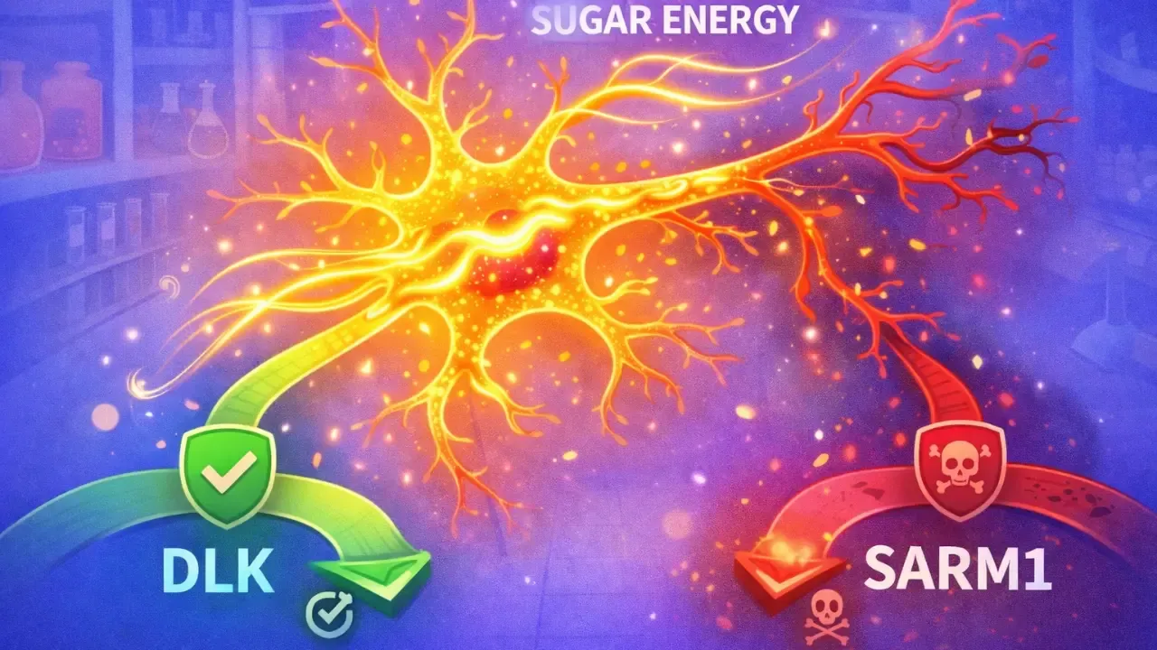Cartoon digital illustration of a fruit-fly neuron glowing with sugar-energy signals, featuring symbolic DLK and SARM1 pathways that represent the brain’s metabolic switch.