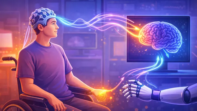 Cartoon digital illustration of a paralyzed patient wearing an EEG cap as brain signals control limb movement without invasive implants.