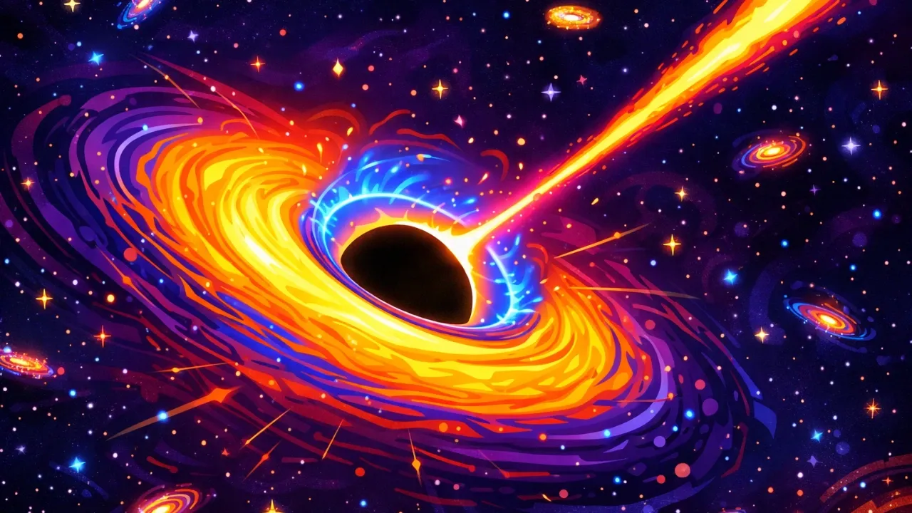 Cartoon digital illustration of a super-Eddington quasar with a swirling accretion disk, bright X-ray corona, and powerful radio jet against a star-filled early universe backdrop.