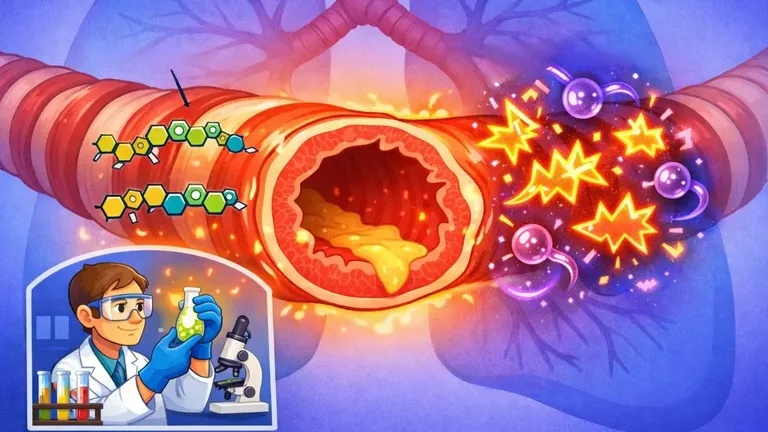 Cartoon digital illustration of an inflamed airway showing traditional leukotrienes and chaotic pseudo-leukotrienes forming through free-radical oxidation, with a small lab scene symbolizing scientific discovery.