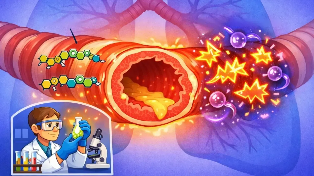 Cartoon digital illustration of an inflamed airway showing traditional leukotrienes and chaotic pseudo-leukotrienes forming through free-radical oxidation, with a small lab scene symbolizing scientific discovery.