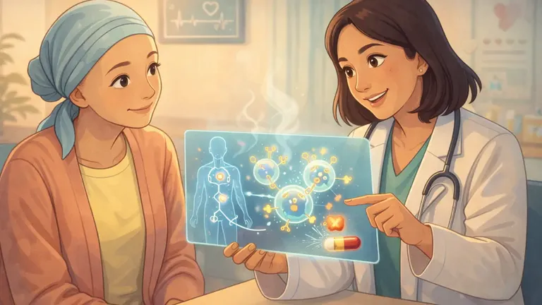 Cartoon-style illustration of a doctor showing a cancer patient a simple visual of vesicles carrying PD-L1 and how statins may block the pathway, in a warm and supportive clinical setting.