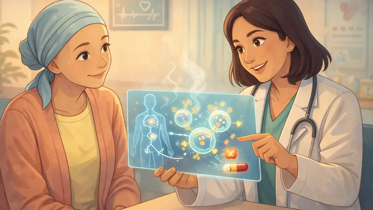 Cartoon-style illustration of a doctor showing a cancer patient a simple visual of vesicles carrying PD-L1 and how statins may block the pathway, in a warm and supportive clinical setting.
