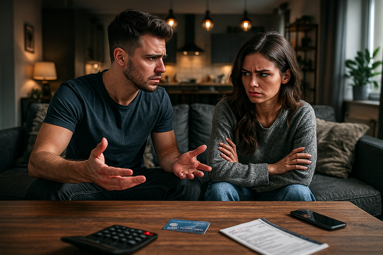 Couple arguing over misuse of emergency credit card at home.