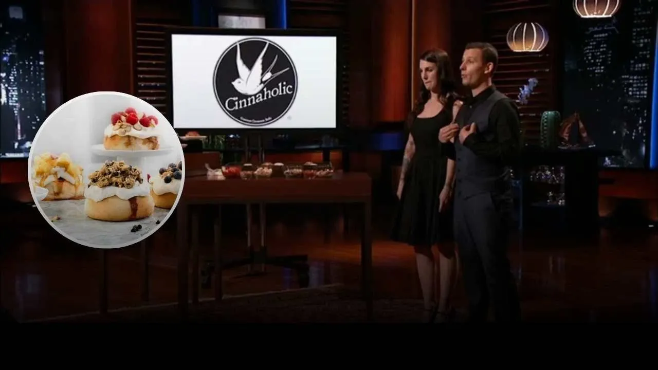 Cinnaholic founders pitch vegan cinnamon roll franchise on Shark Tank with gourmet toppings display