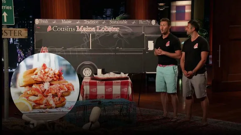 Cousins Maine Lobster founders pitching their food truck business on Shark Tank with lobster rolls display