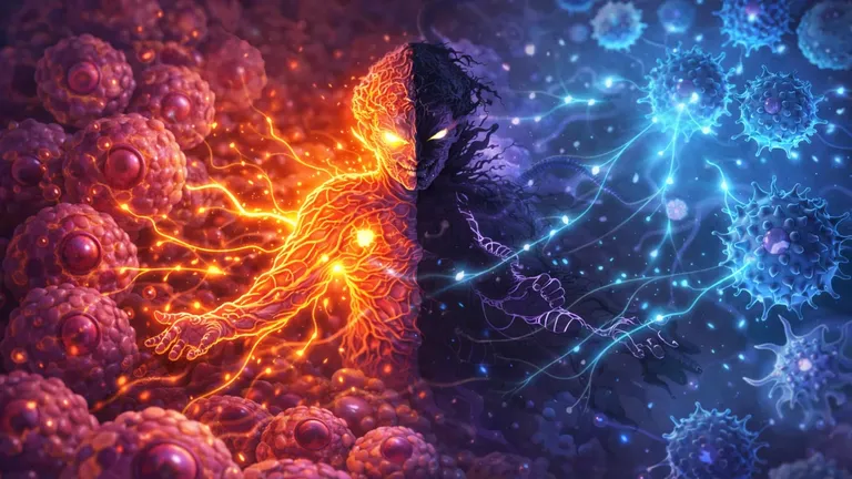 Digital illustration of MYC depicted as a dual-function molecule inside a pancreatic tumor, showing its growth-driving role and its RNA-binding immune-suppressing cloak, with immune cells beginning to reactivate.