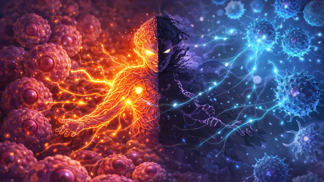Digital illustration of MYC depicted as a dual-function molecule inside a pancreatic tumor, showing its growth-driving role and its RNA-binding immune-suppressing cloak, with immune cells beginning to reactivate.