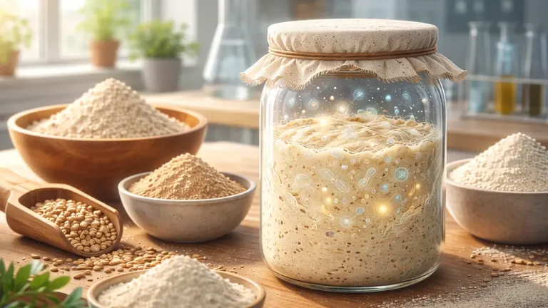Digital illustration of a bubbling sourdough starter with yeast and bacteria interacting, surrounded by different flour types in a lab-style setting.