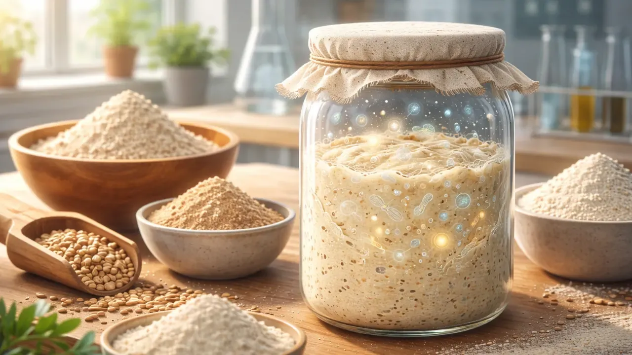 Digital illustration of a bubbling sourdough starter with yeast and bacteria interacting, surrounded by different flour types in a lab-style setting.