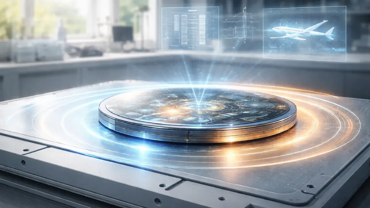 Digital illustration of a flat, disk-shaped ULIS wireless power module with visible silicon carbide layers emitting wireless energy inside a research laboratory.