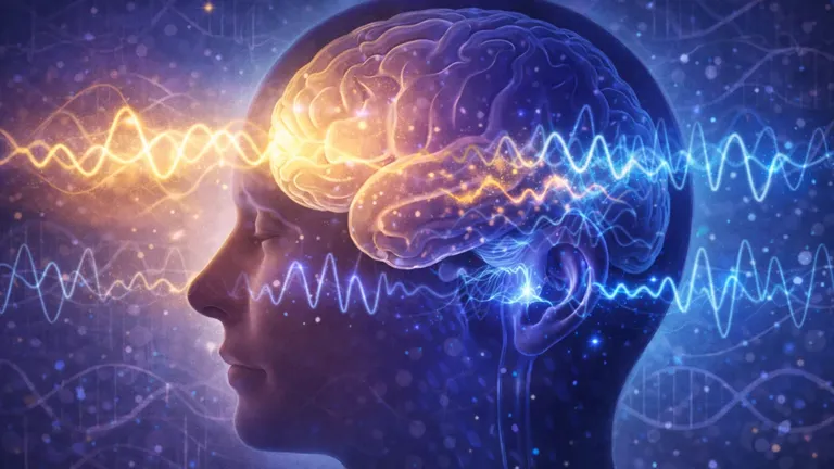 Digital illustration of a human brain with glowing inner-speech waves overlapping incoming sound signals, highlighting a corollary-discharge glitch where thoughts are mistaken for external voices.