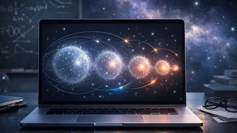A digital illustration shows a laptop simulating glowing dark matter halos, highlighting how new methods let researchers model complex cosmic physics on personal computers. Image credit: