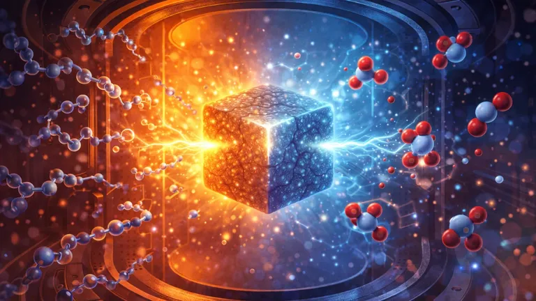 Digital illustration of a tungsten carbide catalyst inside a glowing reactor, breaking plastic polymers into cleaner molecules and converting CO2 into fuels, highlighting beta-W2C catalytic efficiency.