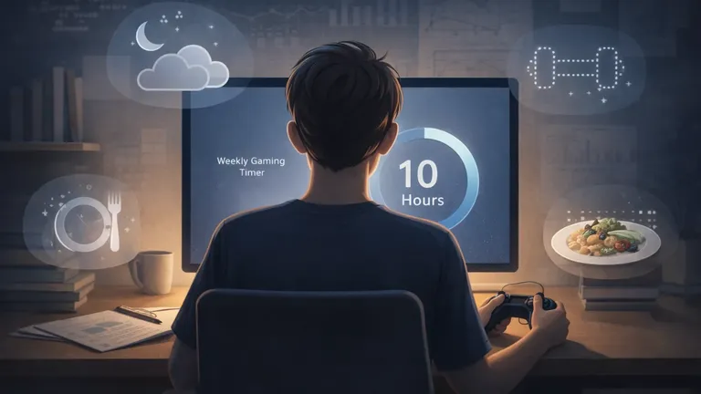 Digital illustration of a university student gaming at night with a visible 10-hour weekly gaming limit, showing subtle signs of sleep and diet disruption.