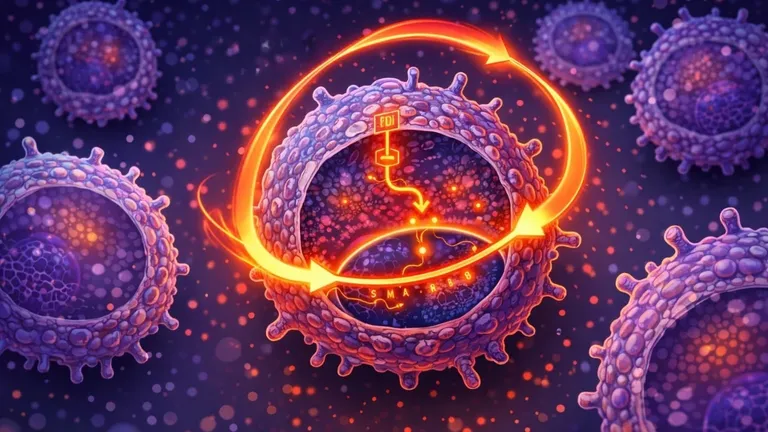 Digital illustration of aging macrophages with a glowing feedback loop representing GDF3 self-signaling through the SMAD2/3 pathway that sustains age-related inflammation.