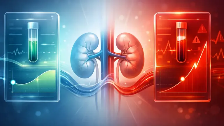 Digital illustration of two contrasting blood test results with a kidney silhouette and flowing bloodstream pathways, symbolizing creatinine–cystatin C discordance and its impact on kidney risk assessment.