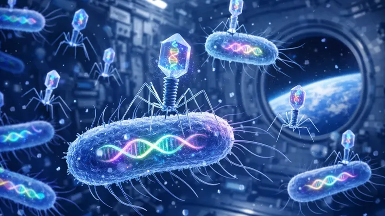 A digital illustration depicting microgravity phage evolution on the International Space Station, showing bacteriophages and E. coli interacting in a weightless environment.