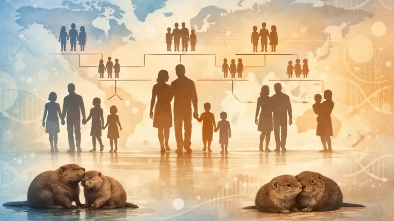 Digital illustration showing human family silhouettes connected by genealogical lines alongside beavers and prairie voles, representing cross-species comparisons of monogamy based on sibling ratios.
