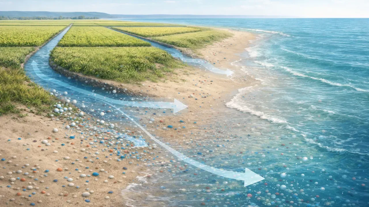 Digital illustration showing microplastics moving from farmland through irrigation canals and returning to coastal beaches, highlighting a hidden pathway of plastic pollution from land to sea.