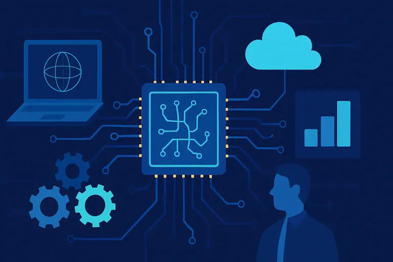 A conceptual illustration showing a central quantum chip connected to cloud storage, data analytics, a laptop, and gears, representing enterprise integration of quantum computing systems