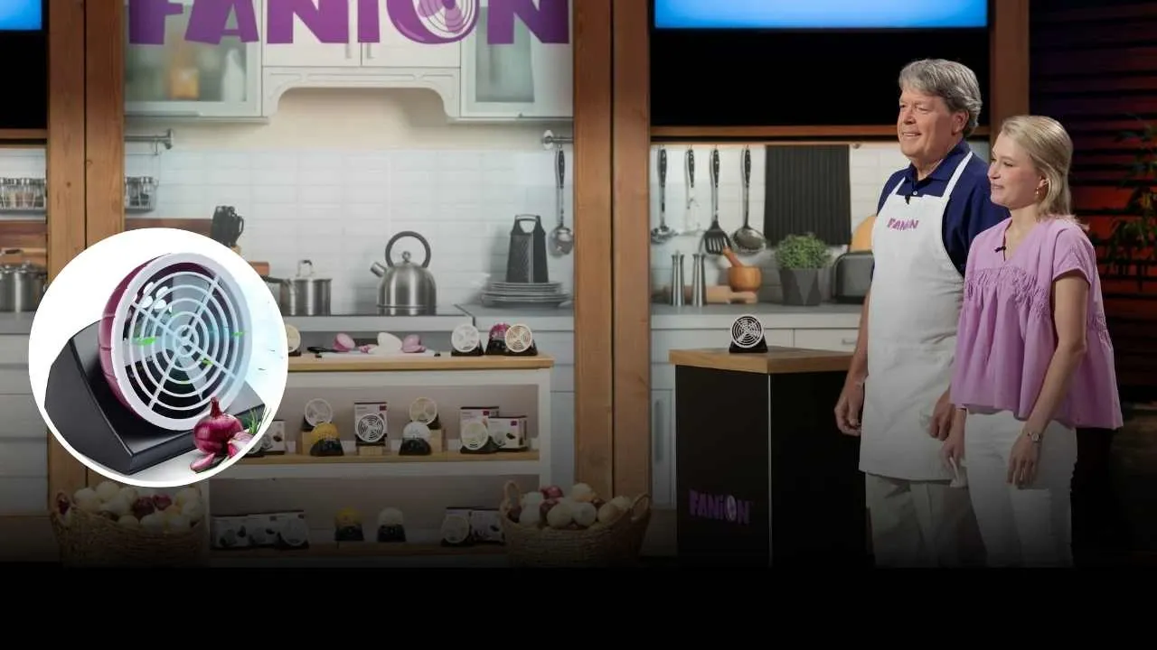 Fanion founders pitch tear-free onion cutting fan on Shark Tank with kitchen display setup
