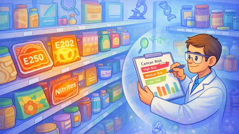 Cartoon digital illustration of a grocery aisle with packaged foods, a scientist reviewing charts, and highlighted preservative labels to show varying cancer risks.