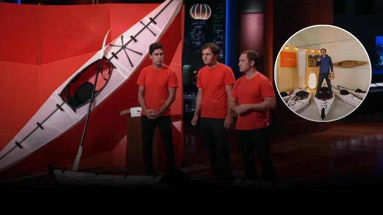 Oru Kayak team presenting foldable kayaks on Shark Tank with life-size product display and investor pitch