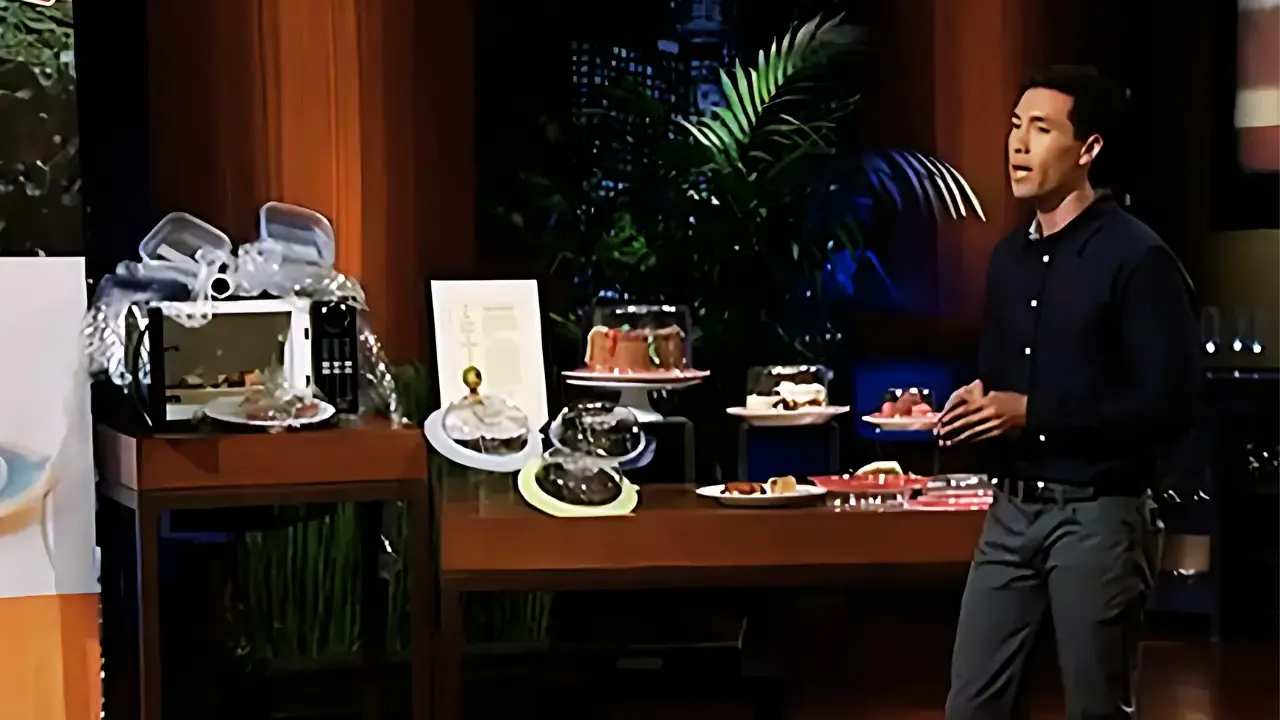 Michael Tseng presenting PlateTopper on Shark Tank, with multiple food storage displays and a microwave setup.