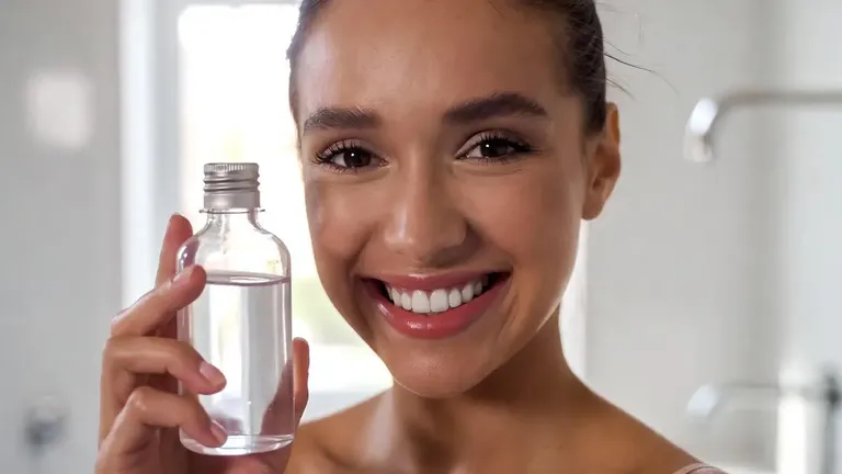 a young woman smiling confidently while holding a mouthwash bottle in her hand.