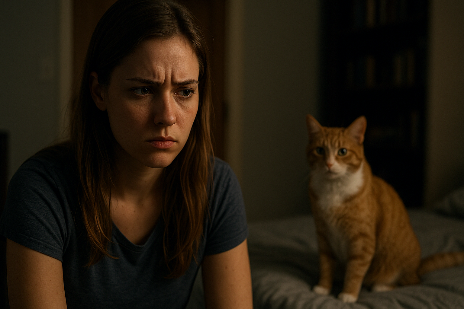 Young woman in a dimly lit bedroom looking frustrated as a cat sits on her bed at night.