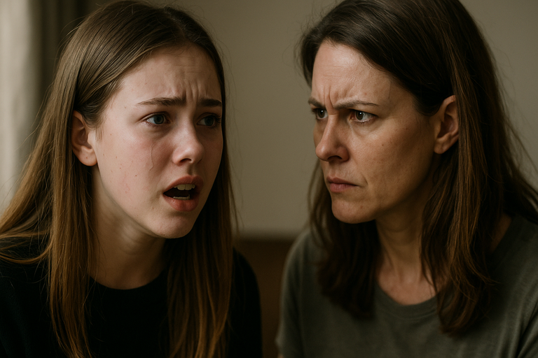 Teen girl arguing emotionally with her frustrated mother in a dimly lit room.