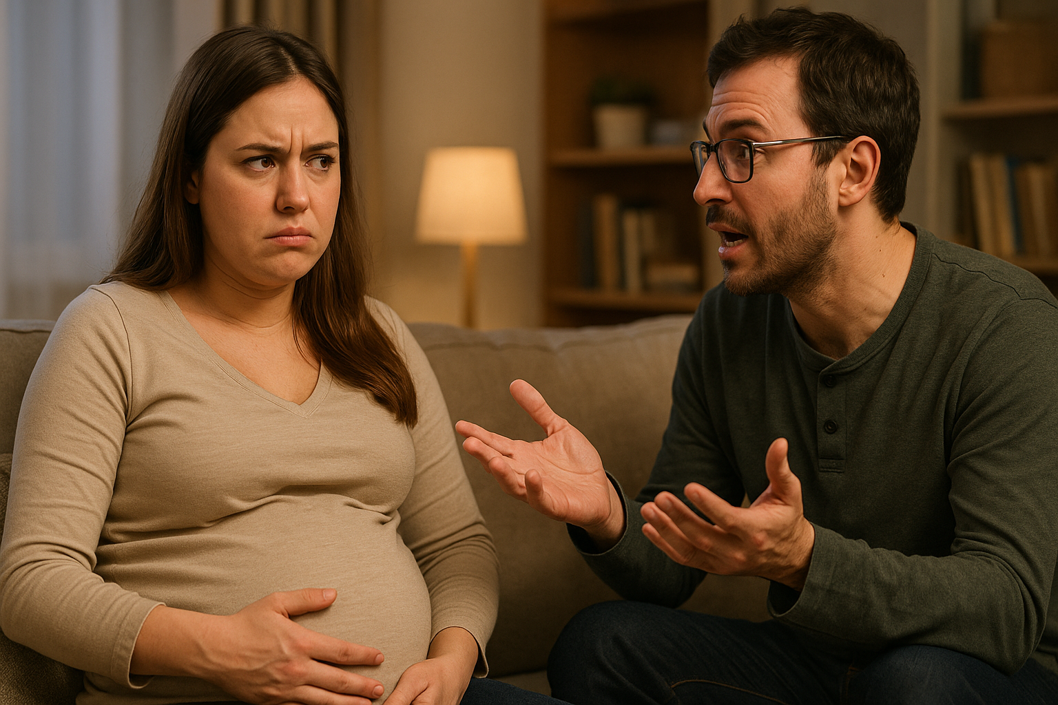 Pregnant woman looking annoyed while a man talks to her.
