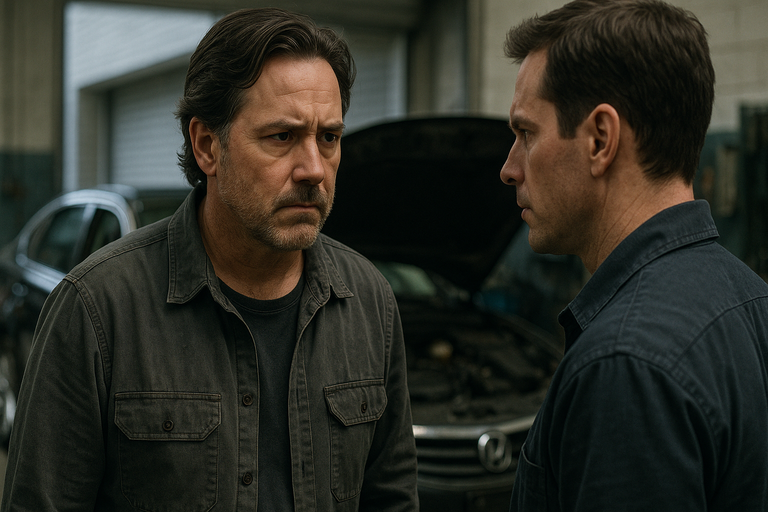 Two men facing off in an auto shop, tension visible.