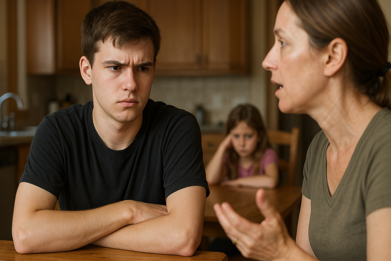 Frustrated teen at kitchen table with mother and sister.