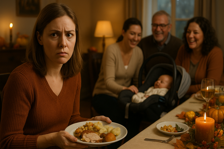 Woman looking upset at a family dinner.