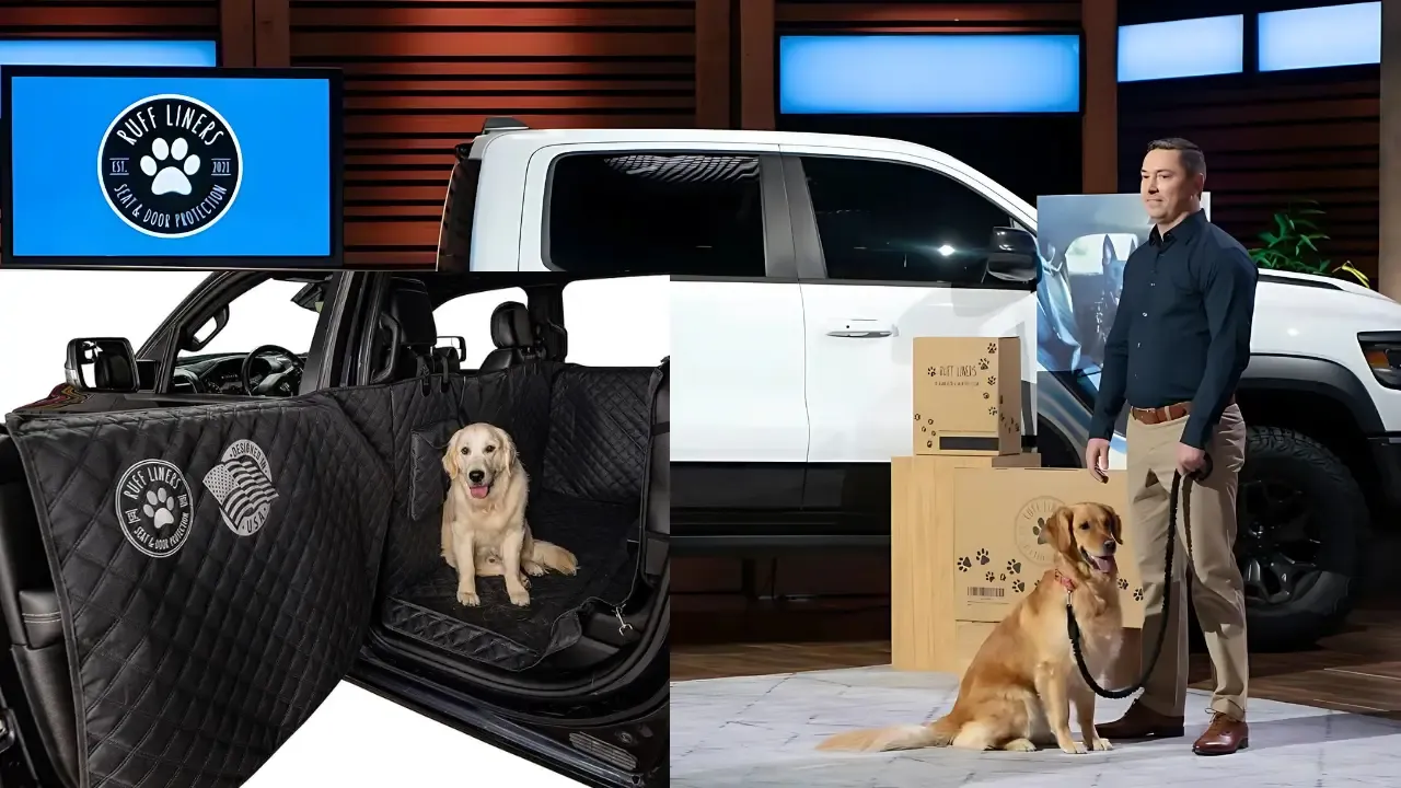 “Brandon Himmel presenting Ruff Liners pet car seat cover on Shark Tank with a golden retriever and demonstration vehicle.”