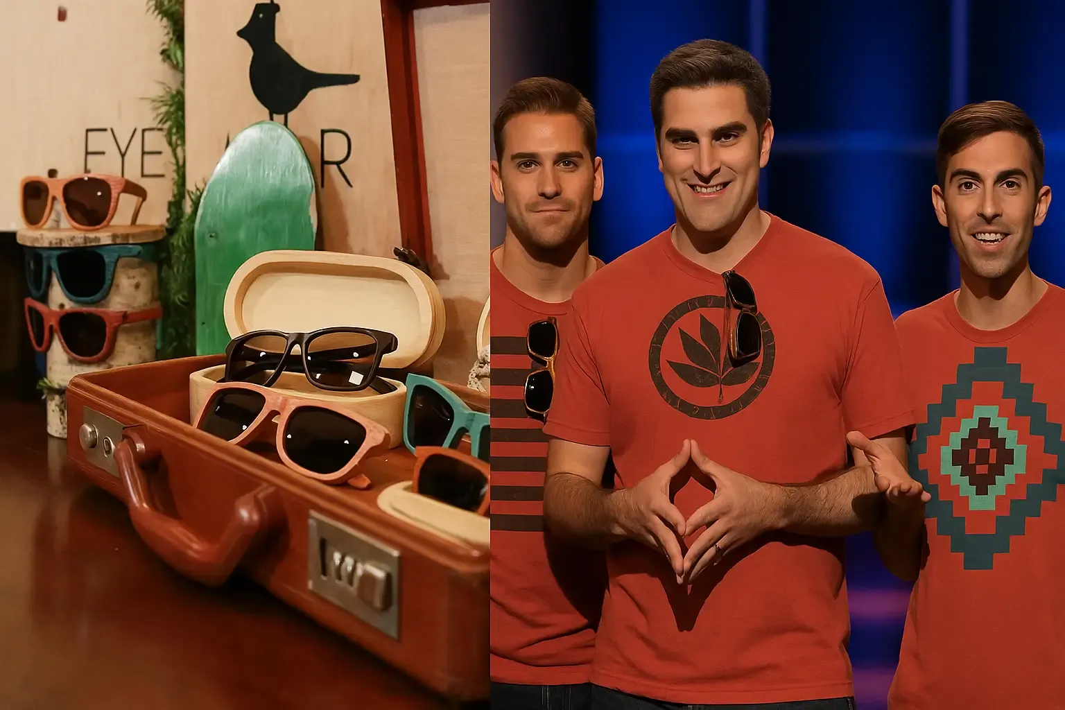 Proof Eyewear wooden sunglasses displayed in a case alongside founders pitching on Shark Tank Season 4